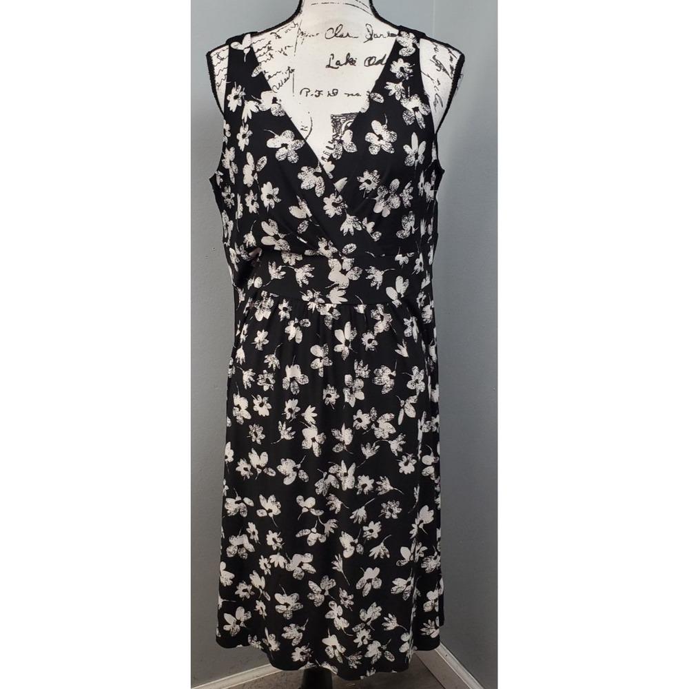 Chaps Tank Dress Womens XL Black White Sun Floral Gathered Waist Surplice Neck